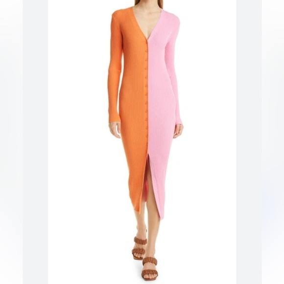 Pink and Orange Ribbed Button Down Midi Sweater Dress - Picture 10 of 11